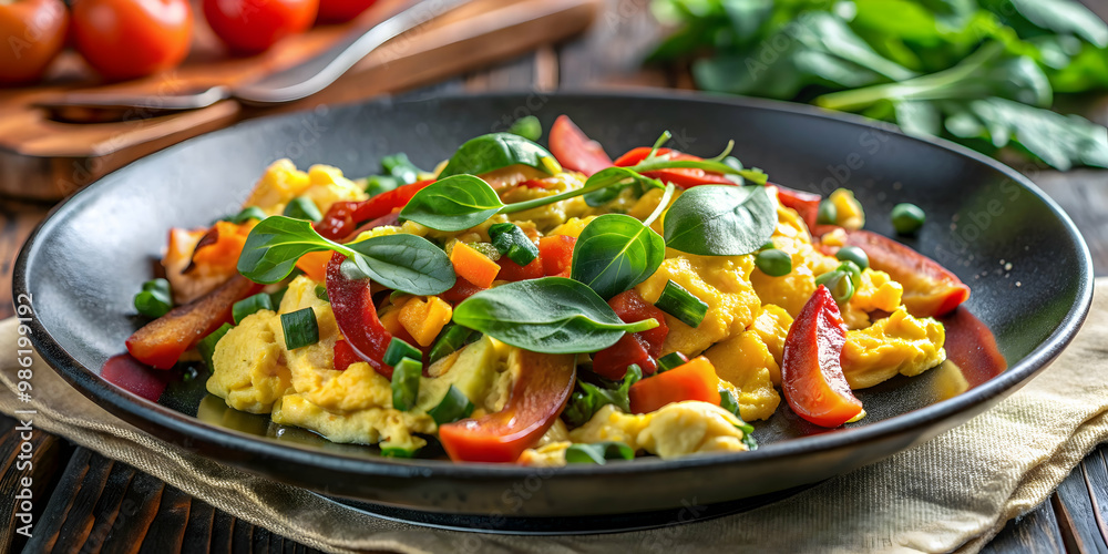 Scrambled eggs with crispy bacon, bell peppers, and spinach , breakfast, brunch, healthy, delicious, protein, savory, meal Scrambled eggs with crispy bacon, bell peppers, and spinach , breakfast, brunch, healthy, delicious, protein, savory, meal