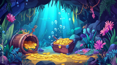 The underwater wold and island, Treasure and gold coins, game background, Illustration