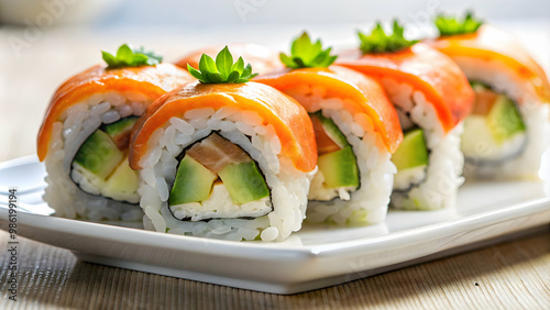 Sushi roll with fresh salmon, avocado, and rice on a white plate, sushi, salmon, food, Japanese, cuisine, raw, seafood, roll