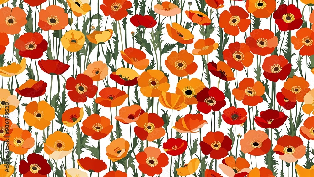 Tangerine poppies mosaic seamless plain white background design Tangerine poppies mosaic seamless plain white background design