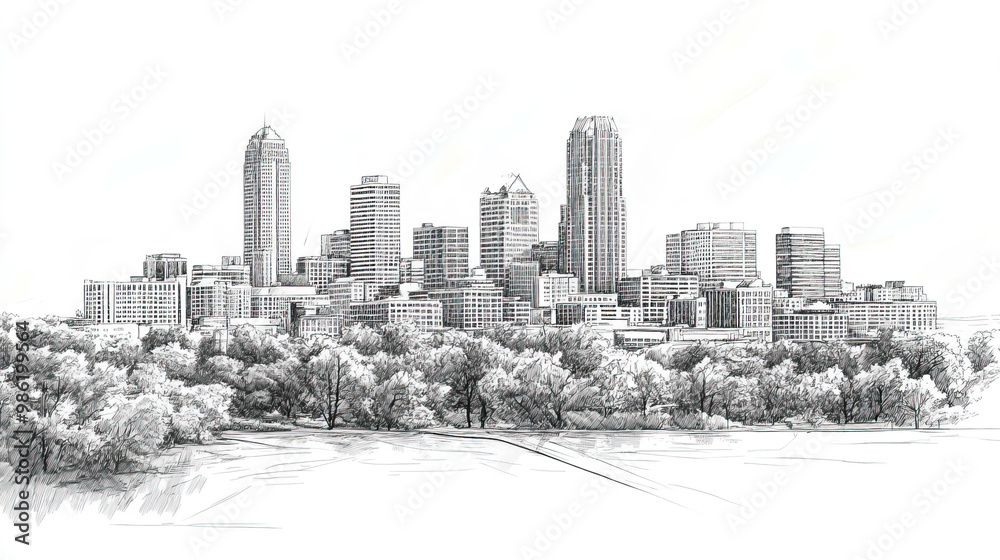Fototapeta premium Des Moines, Iowa, black and white pen pencil hand-drawn effect drawing illustration for travel poster, card, wallpaper, backdrop or banner. Modern, clear, artistic and simple