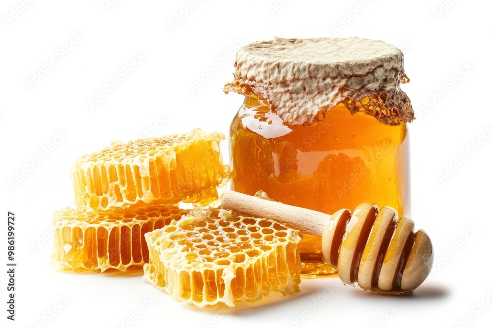 Honey in a glass jar and honeycombs on a white background with generative ai Honey in a glass jar and honeycombs on a white background with generative ai