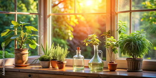 Cozy sunlit window with potted plant and glass bottles in tranquil setting, calm, simplicity, peaceful, interior, home