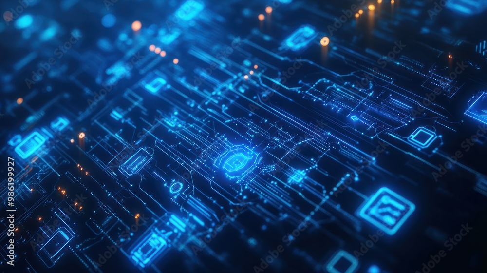 blue tech background with icons and blue wires blue tech background with icons and blue wires