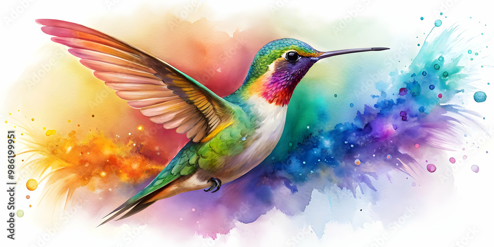 Obraz premium Watercolor elegant delicate colorful hummingbird with splashes of paint on background, isolated bird, watercolor