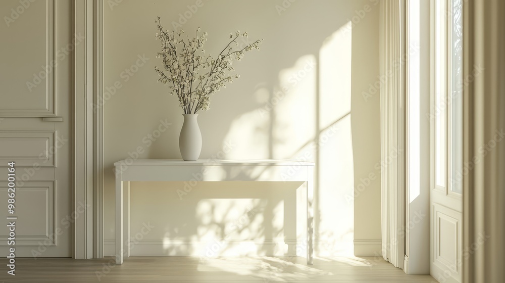 A bright and serene hallway featuring a clean white console table, a single vase, and natural sunlight streaming through a nearby window, enhancing the minimalist decor A bright and serene hallway featuring a clean white console table, a single vase, and natural sunlight streaming through a nearby window, enhancing the minimalist decor
