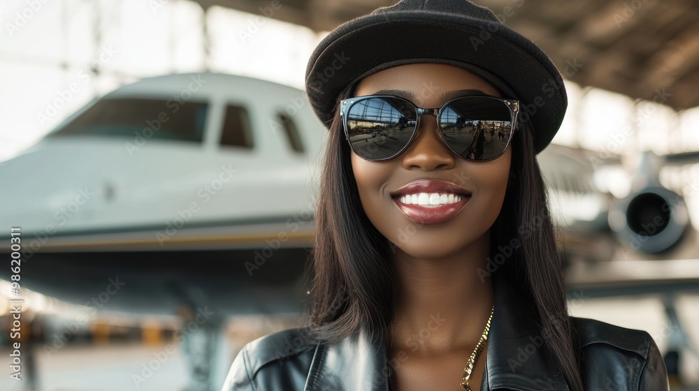 A smiling young woman wearing sunglasses and a black hat stands in front of a private jet. A smiling young woman wearing sunglasses and a black hat stands in front of a private jet.