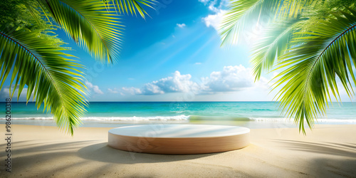 Tropical beach background with podium for summer product display, tropical, beach, rendering, podium, summer