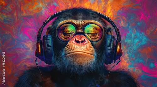 A monkey wearing headphones and sunglasses with colorful abstract background.