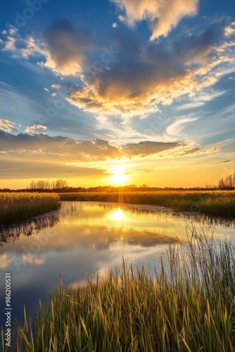 Delicate green plants stretching toward the golden sunset glow in a serene outdoor setting