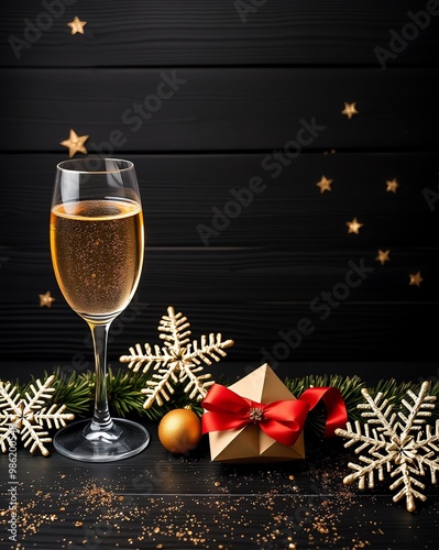 Champagne glass with gift and snowflakes on black background. photo