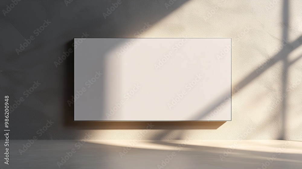 A sleek, thin-framed blank canvas mounted on a pale grey wall with soft sunlight illuminating the surface, creating a gentle glow. A sleek, thin-framed blank canvas mounted on a pale grey wall with soft sunlight illuminating the surface, creating a gentle glow.