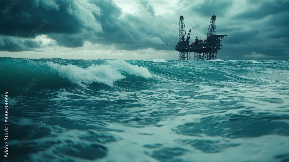 Fototapeta premium A large oil rig is in the middle of a stormy ocean. The waves are crashing against the rig, and the sky is dark and cloudy. The scene is intense and dramatic