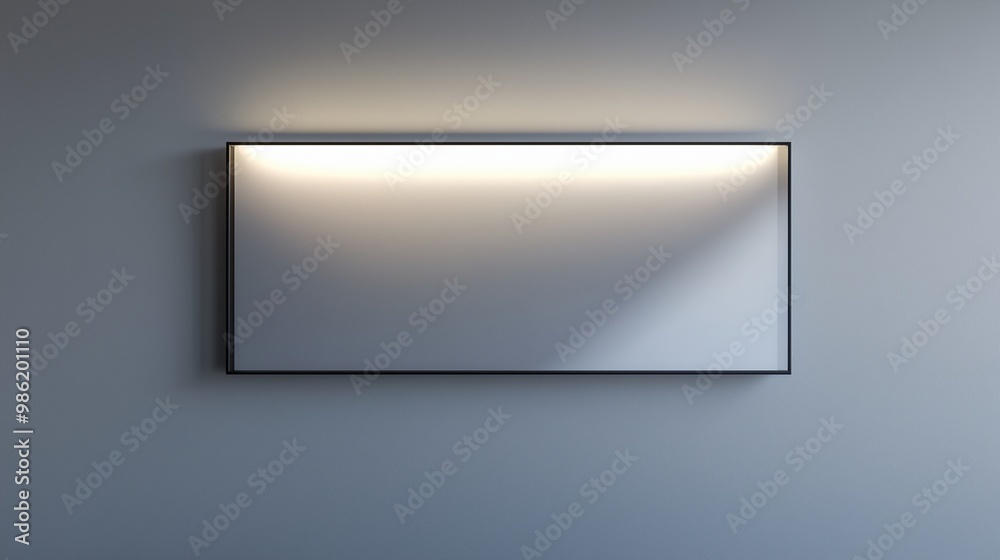 A slim rectangular frame mounted on a light grey wall, with gentle top-down lighting creating a minimalist shadow effect. A slim rectangular frame mounted on a light grey wall, with gentle top-down lighting creating a minimalist shadow effect.
