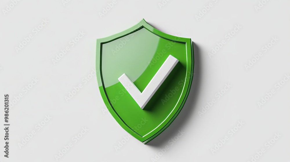 A green shield with a white checkmark is on a white background. This symbolizes approval. It's a 3D design. A green shield with a white checkmark is on a white background. This symbolizes approval. It's a 3D design.