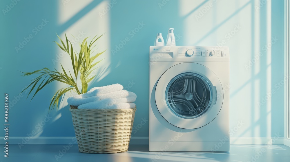 A tranquil laundry corner featuring a washing machine, towels, and laundry products on a light blue wall with a bamboo basket, creating a fresh and clean atmosphere A tranquil laundry corner featuring a washing machine, towels, and laundry products on a light blue wall with a bamboo basket, creating a fresh and clean atmosphere