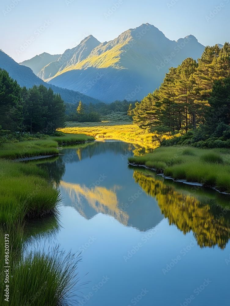 Fototapeta premium River of Reflection: Calm Stream Cutting Through the Valley