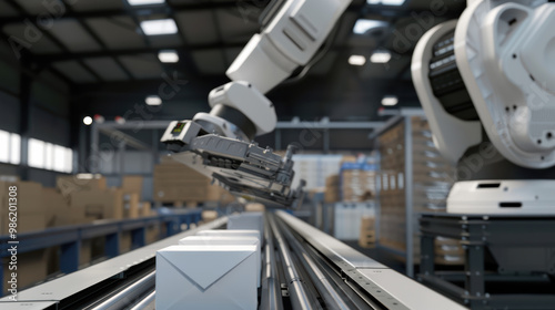 Automated robotic arm in warehouse setting, efficiently handling packages on conveyor belt. scene showcases advanced technology in logistics and manufacturing