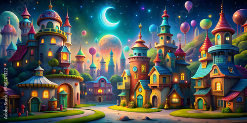 Whimsical of a colorful fantasy cityscape with playful architecture at night, whimsical, colorful, fantasy, cityscape