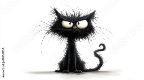 A grumpy black cat with messy fur sits on a white background, looking annoyed.
