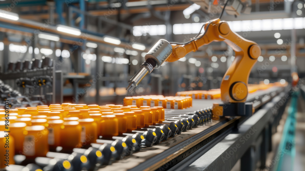 Automated robotic arm working on an assembly line, efficiently handling orange containers in modern factory setting. scene showcases advanced manufacturing technology and productivity Automated robotic arm working on an assembly line, efficiently handling orange containers in modern factory setting. scene showcases advanced manufacturing technology and productivity