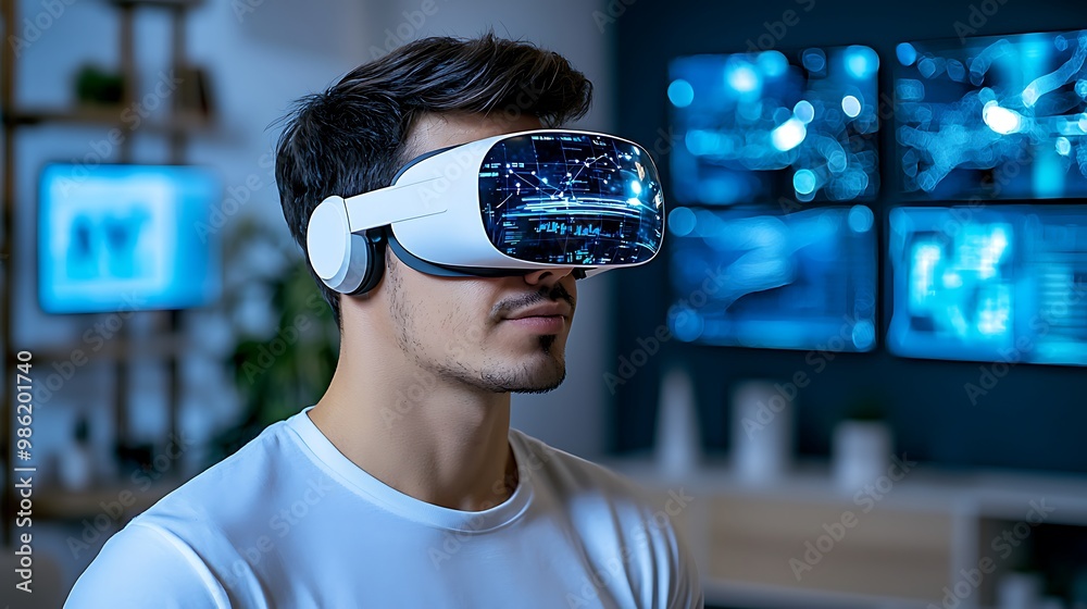A man, fully immersed in a digital world, wears a VR headset, experiencing the future of augmented reality and immersive gaming in the metaverse. A man, fully immersed in a digital world, wears a VR headset, experiencing the future of augmented reality and immersive gaming in the metaverse.