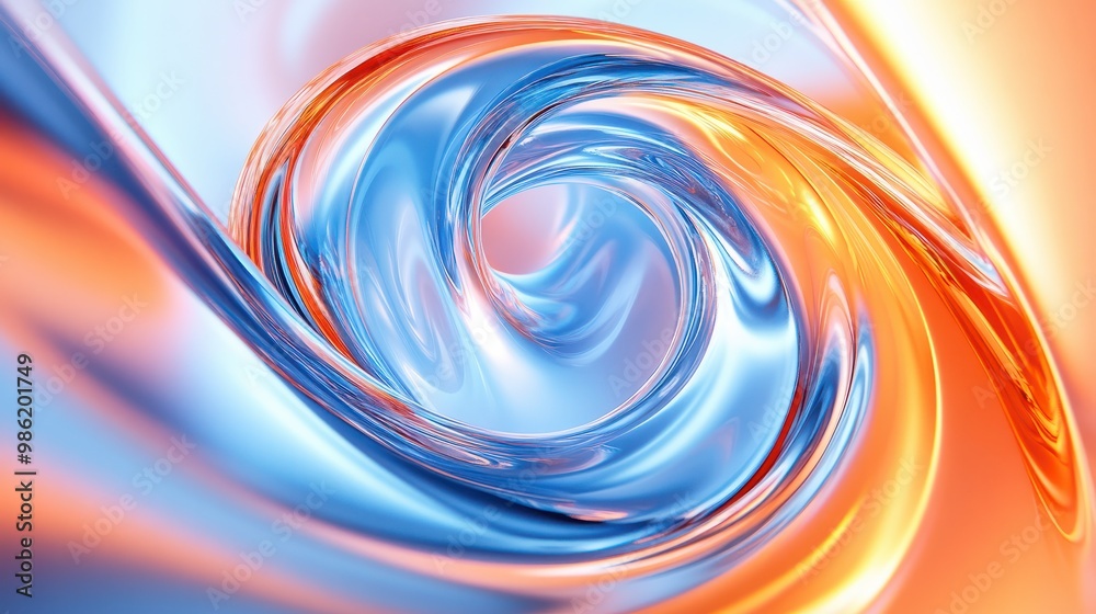 Curved glass spiral in blue and orange background banner, abstract 3D curved glass spiral, AI generated Curved glass spiral in blue and orange background banner, abstract 3D curved glass spiral, AI generated