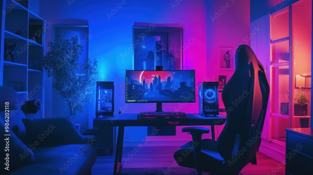 Modern gaming setup with neon lights and a futuristic cityscape on the monitor.