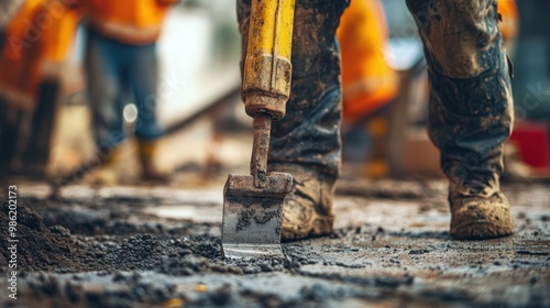 Close up of a worker's foot and a jackhammer. The worker is wearing dirty work boots and is standing on a dirt patch.