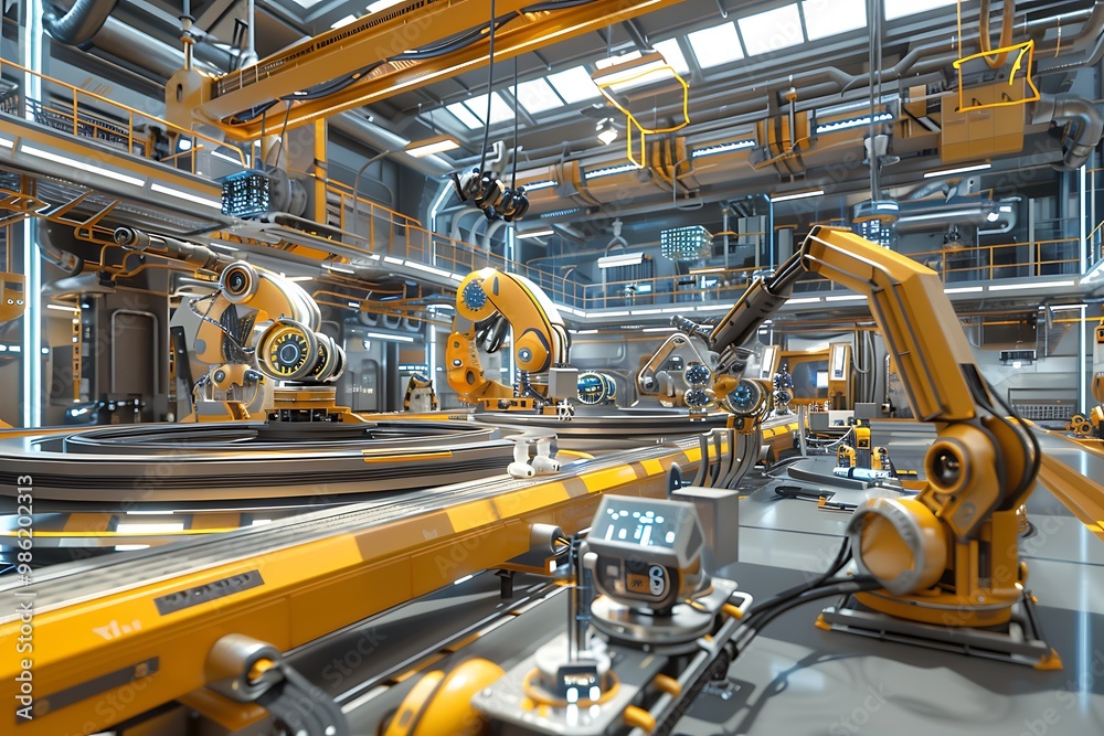 Robotic arms working in a factory with conveyor belt Robotic arms working in a factory with conveyor belt