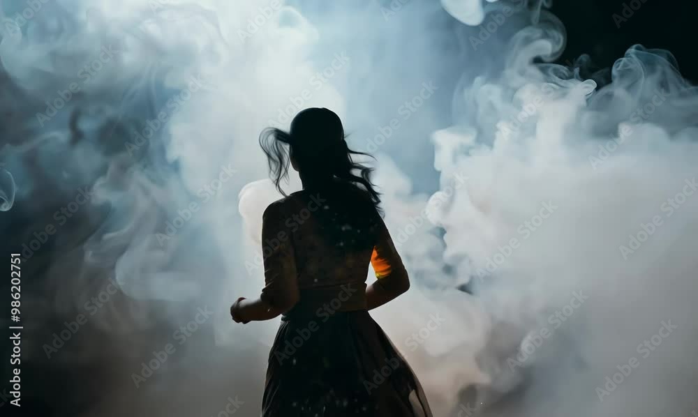 Pakistani Woman Running in Smoke on Dark Background Pakistani Woman Running in Smoke on Dark Background