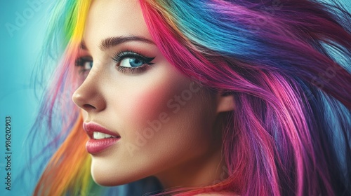 Close-up portrait of a woman with colorful hair.