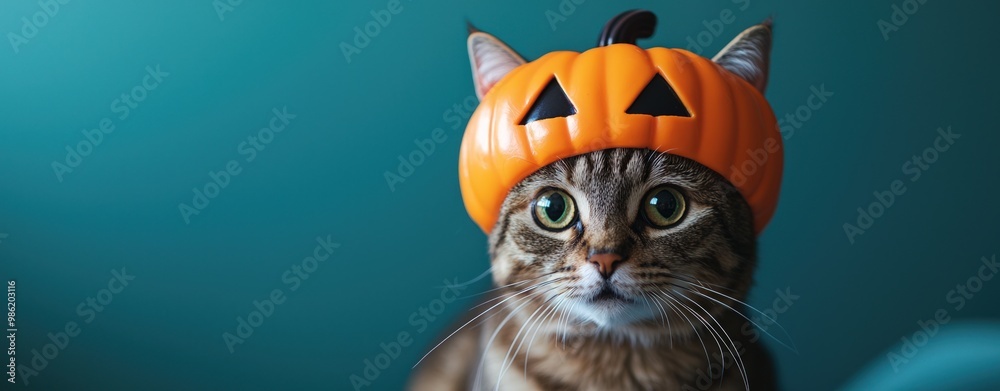 A cute cat wears a small orange pumpkin hat against a teal background, capturing a playful Halloween vibe. A cute cat wears a small orange pumpkin hat against a teal background, capturing a playful Halloween vibe.