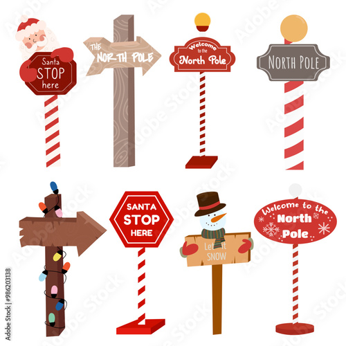Set of Christmas road sign "Santa stop here",  "North pole" Christmas postcard, New Year, banner lettering.	
