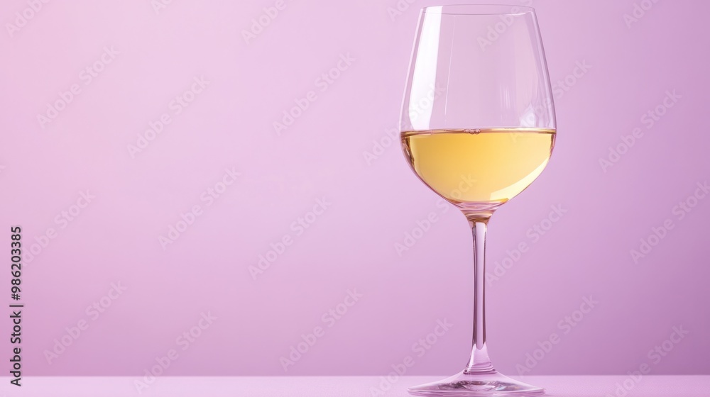 Glass of white wine set on a pastel lavender background, minimalist design with light reflections. Glass of white wine set on a pastel lavender background, minimalist design with light reflections.