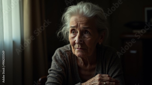 Generative AI, an older woman sitting at a table looking out the window with her hands folded out and looking at the camera, portrait photography, a character portrait, neoplasticism
