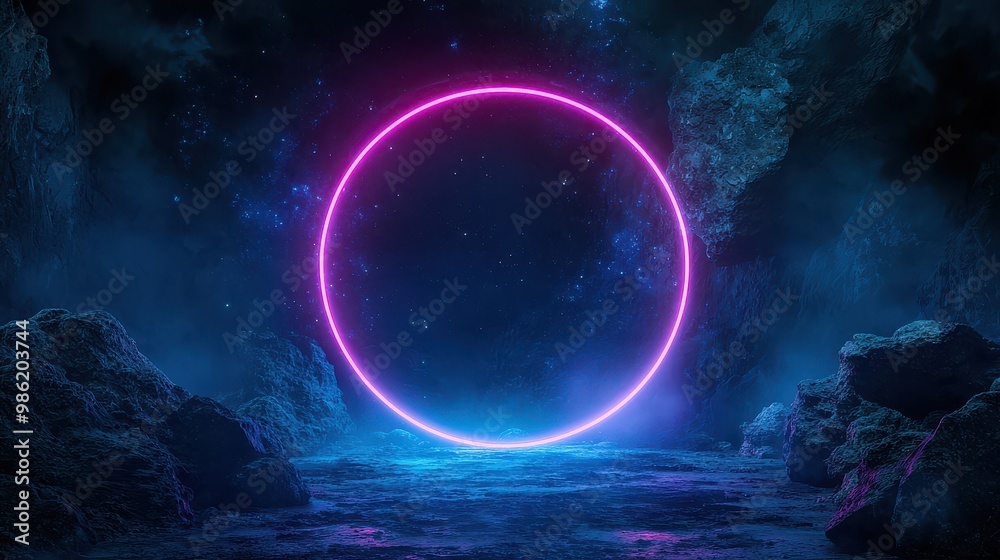 A glowing circle in the sky with a dark background. The circle is surrounded by rocks and the sky is dark A glowing circle in the sky with a dark background. The circle is surrounded by rocks and the sky is dark