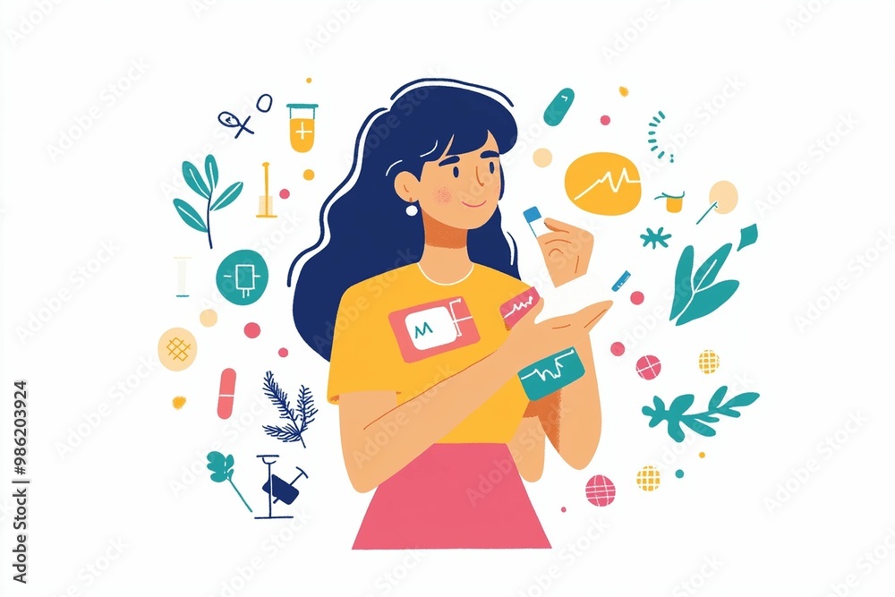 A flat design illustration of a woman applying a hormonal patch A flat design illustration of a woman applying a hormonal patch