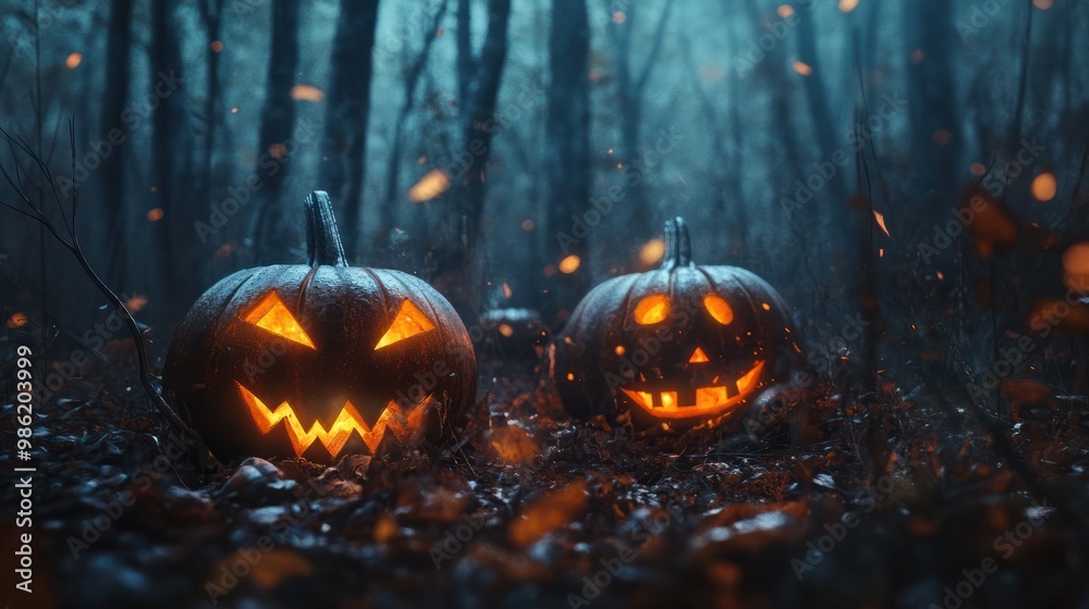 Halloween pumpkins in the forest at night.Halloween background with Evil Pumpkin. Spooky scary dark Night forrest. Holiday event halloween banner background concept Halloween pumpkins in the forest at night.Halloween background with Evil Pumpkin. Spooky scary dark Night forrest. Holiday event halloween banner background concept