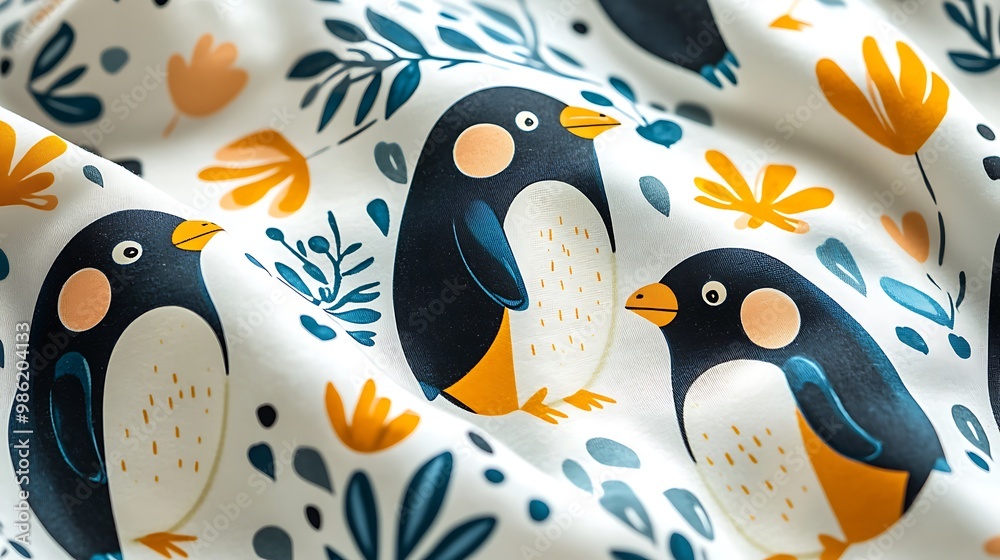 Fototapeta premium A close-up of fabric reveals a cute penguin and floral pattern, combining whimsy with elegance.