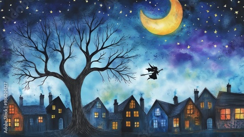 A witch flies past a row of houses on a starry night. photo