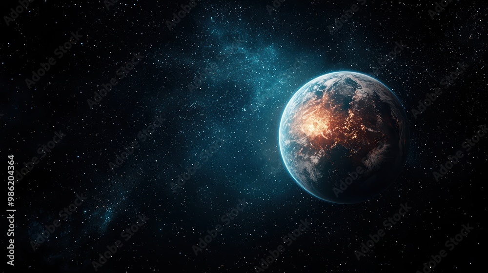 A planet in space with a blue sky and stars. The planet is surrounded by a lot of stars and the sky is dark A planet in space with a blue sky and stars. The planet is surrounded by a lot of stars and the sky is dark