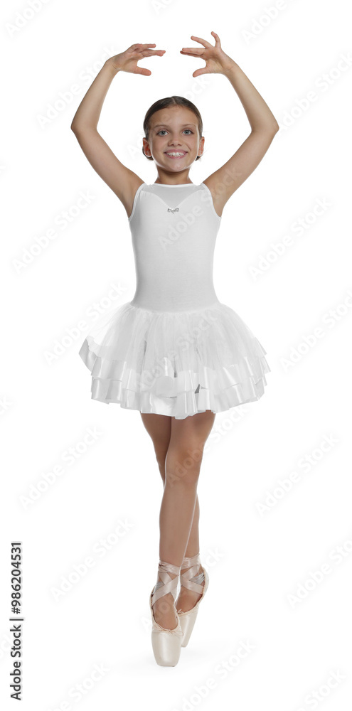 Naklejka premium Little ballerina practicing dance moves on white background