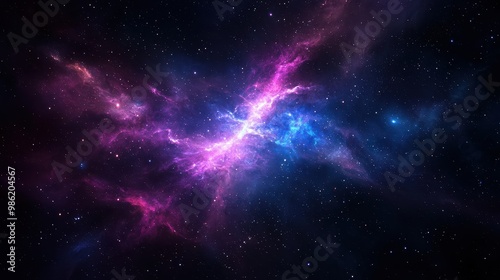 A beautiful and colorful galaxy with many stars and nebulae. The colors are purple and blue