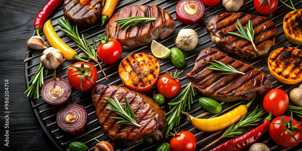 Naklejka premium Juicy grilled meat and vegetables over charcoal , BBQ, cooking, barbecue, grilling, food, summer, outdoor, delicious, smoky