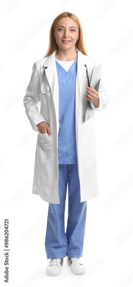 Doctor with stethoscope and clipboard on white background Doctor with stethoscope and clipboard on white background