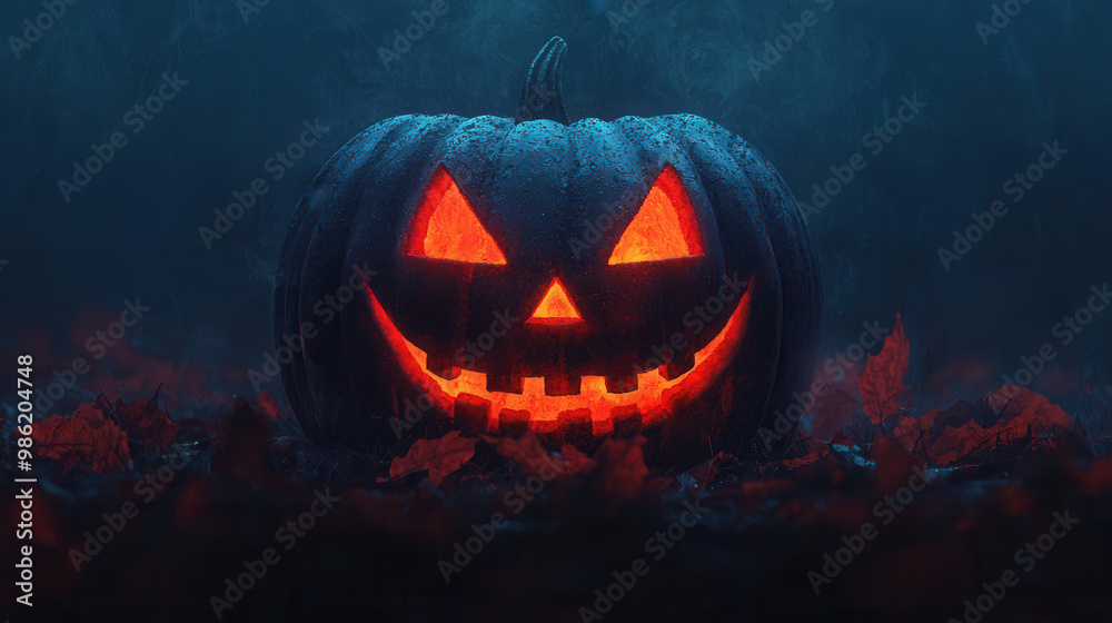 A glowing jack o' lantern under a starry night sky, surrounded by swirling mist and fallen autumn leaves in a soft watercolor palette A glowing jack o' lantern under a starry night sky, surrounded by swirling mist and fallen autumn leaves in a soft watercolor palette