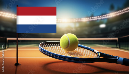 Flag of Netherlands with tennis racket and ball against blurry net,on clay court surrounded by spotlights,sport concept. photo