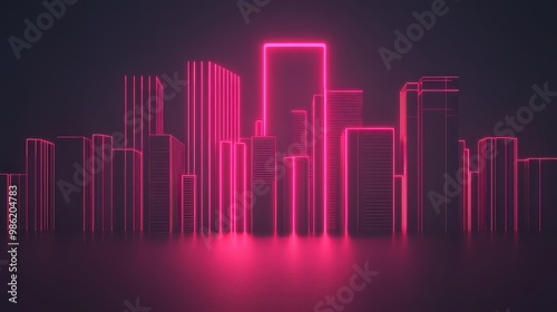 A city skyline is lit up in neon pink. The city is in the background and the neon lights are in the foreground