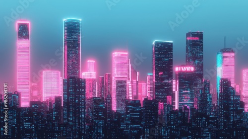A city skyline with neon lights and a sign that says 